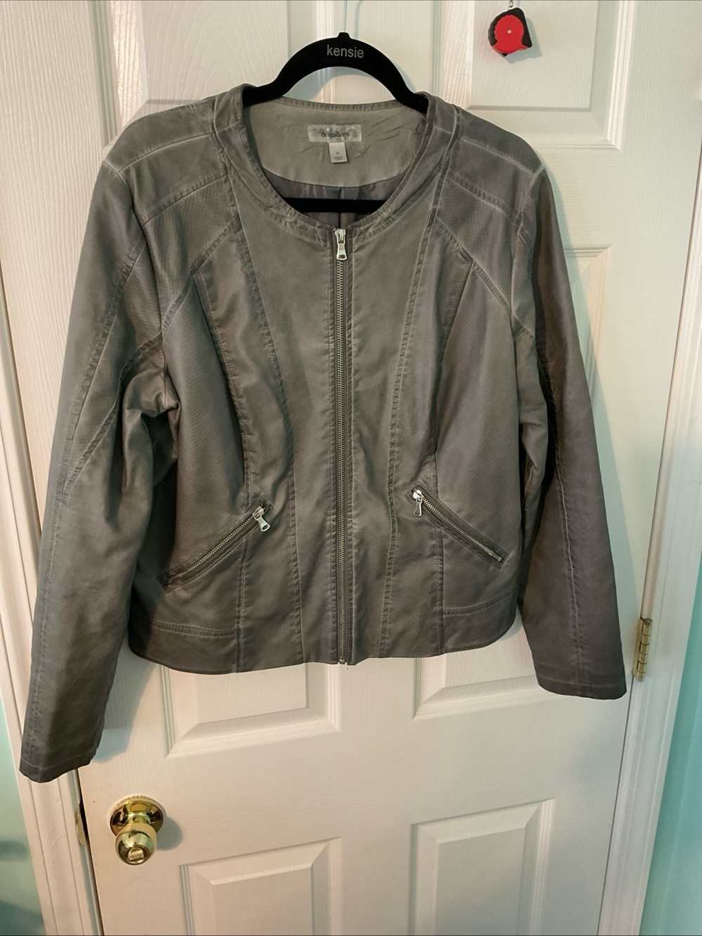 dressbarn Gray Leather Zip Front Moto Jacket
